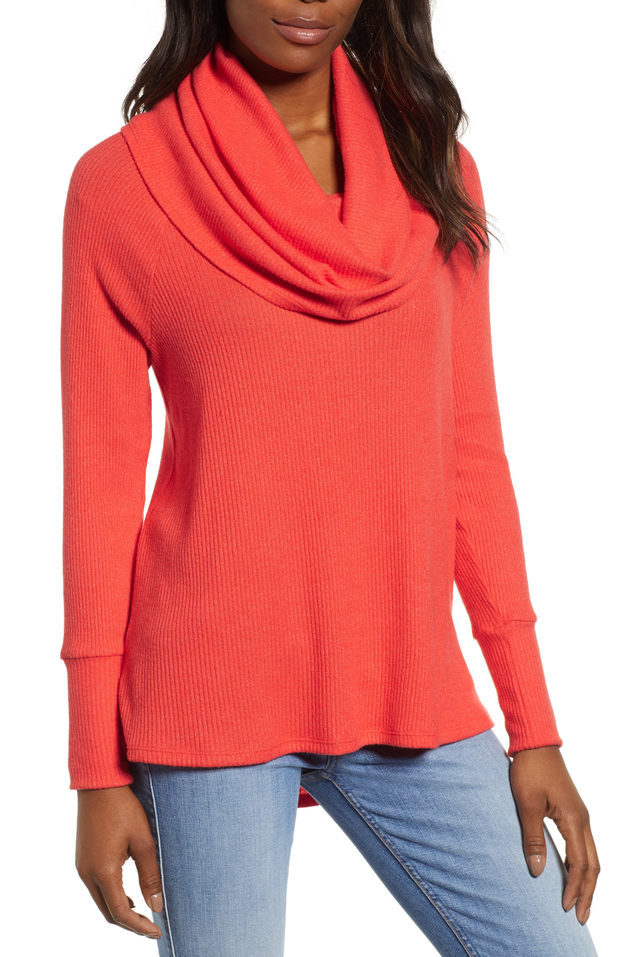 Petite Gibson X Living In Yellow Ribbed Cowl Neck Sweater, Coral
