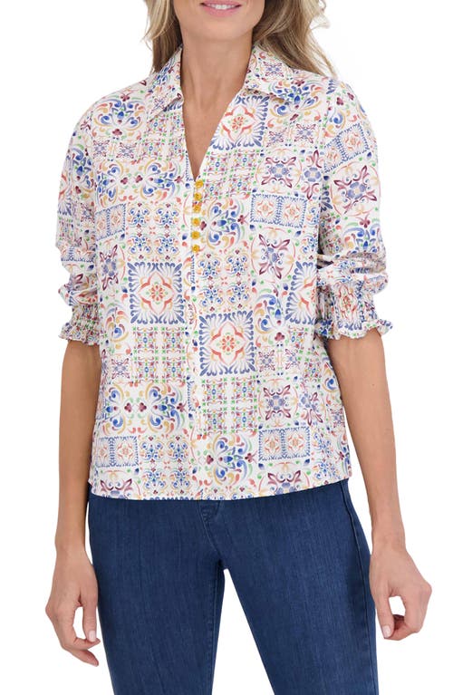 Foxcroft Alexis Watercolor Print Cotton Popover Top White Multi at Nordstrom,