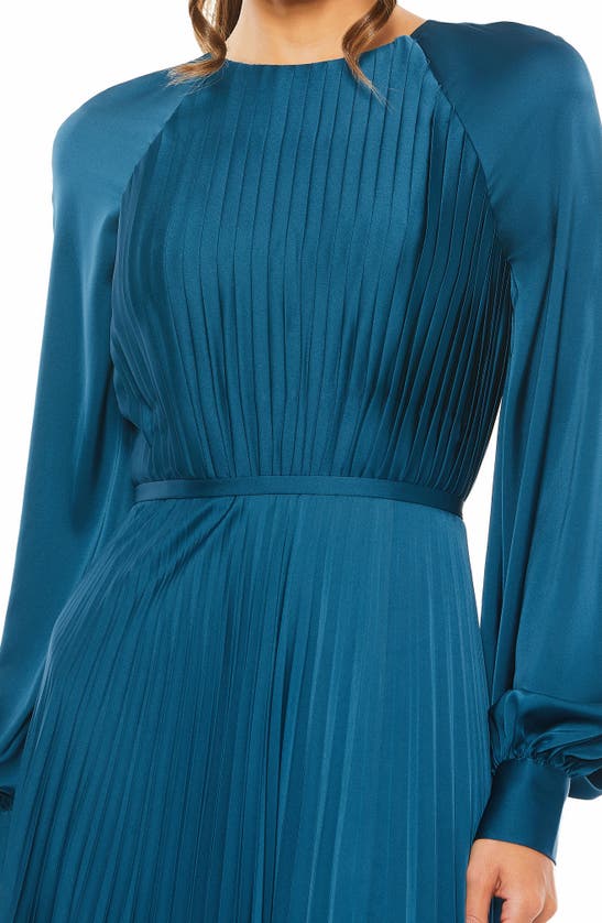 Shop Ieena For Mac Duggal Pleated Long Sleeve Satin A-line Gown In Peacock