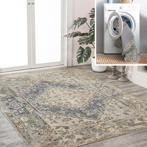 Jonathan Y Pavel Distressed Medallion Low-pile Machine-washable Area Rug In Blue/cream