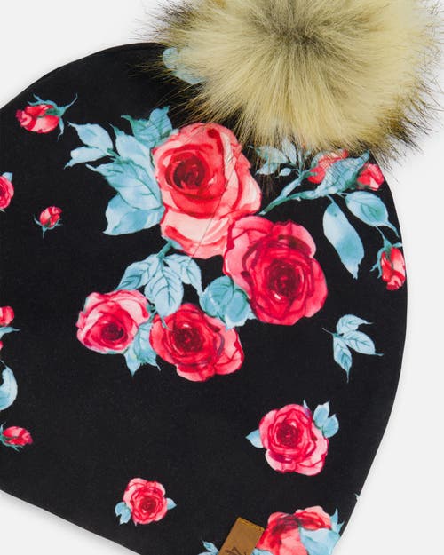 Shop Deux Par Deux Baby Girl's Mid-season Jersey Detachable Pompom Hat Black Printed Roses