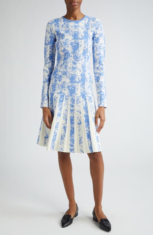 Lela Rose Floral Stripe Pleated Long Sleeve Jacquard Dress In Blue