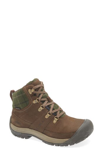 Keen Kaci Iii Winter Mid Waterproof Hiking Boot In Dark Earth/green Plaid