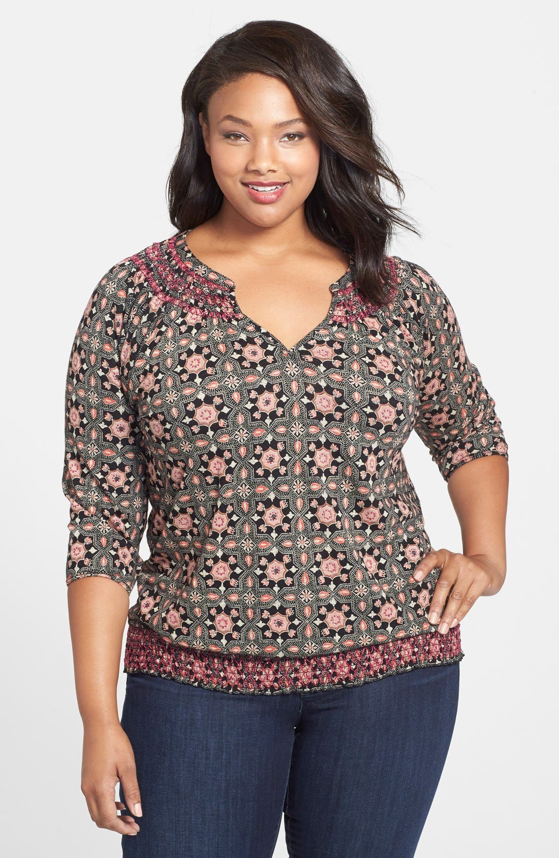 Lucky Brand 'Tiles' Smocked Top (Plus Size) Nordstrom