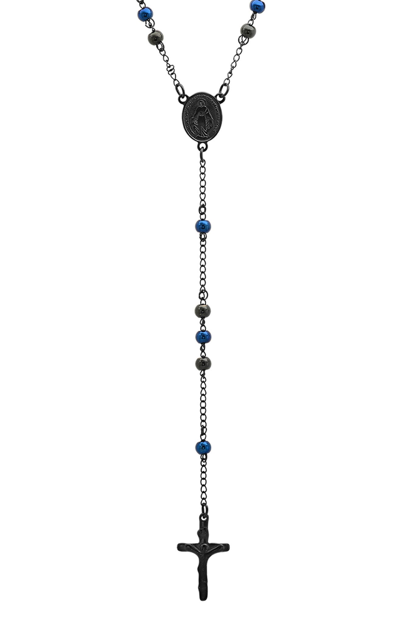 Hmy Jewelry Men's Two-tone Stainless Steel Rosary Crucifix Necklace In Blue-black