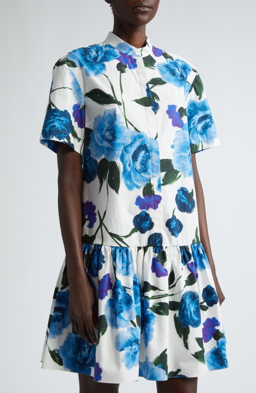 Shop Erdem Brushed Floral Drop Waist Mini Shirtdress In White Blue