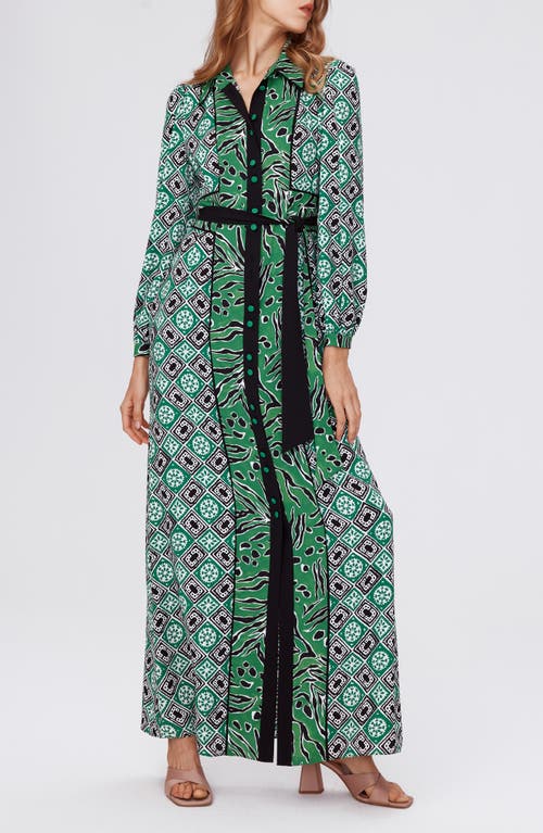 Diane von Furstenberg Joshua Long Sleeve Maxi Shirtdress Green Geometric at Nordstrom,