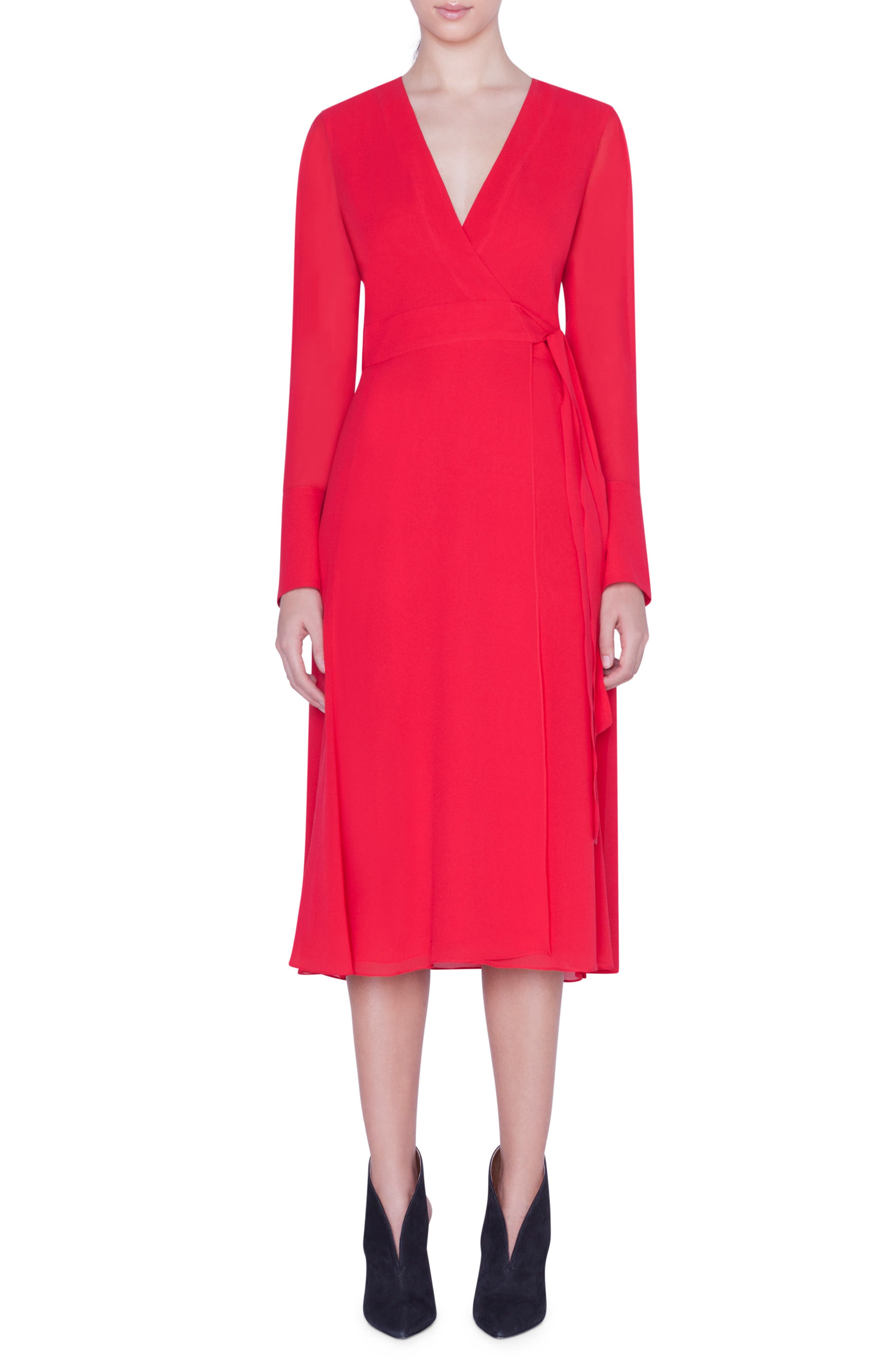 Akris Slit Sleeve Silk Georgette Wrap Dress, Red