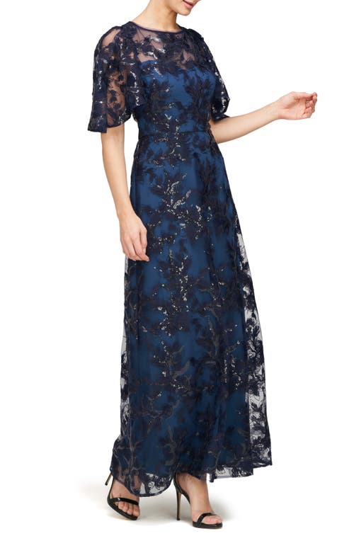 Shop Js Collections Eveline Sequin Floral Overlay Gown In Deep Navy/teal