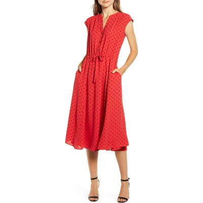 Anne Klein Polka Dot Drawstring Waist Dress, Red