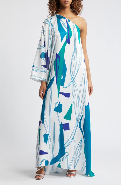 Satu Printed One-Shoulder Long Sleeve Maxi Dress in Blue