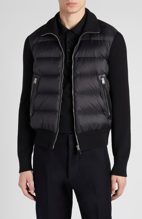 Shop Tom Ford Mixed Media Puffer Front Merino Wool Cardigan In Lb999 Black