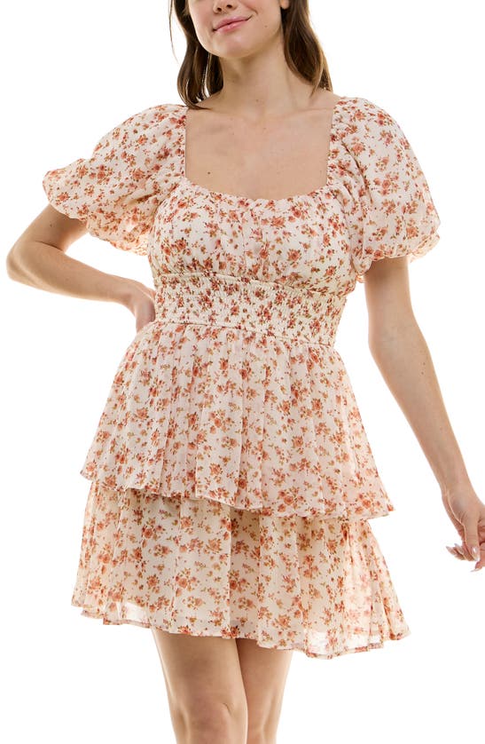 Shop Row A Floral Smocked Waist Tiered Minidress In Ivory Brick