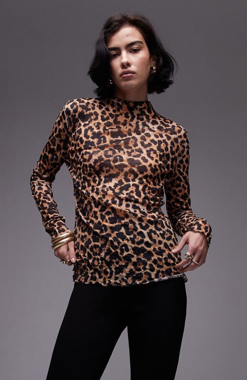 Topshop Leopard Print Crinkle Long Sleeve Top Brown at Nordstrom,