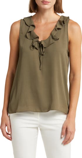 Carmen Marc Valvo Couture Ruffle V Neck Sleeveless Blouse