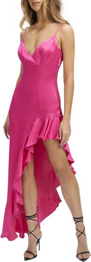 Bardot Ember Silk V-Neck Spaghetti Strap Sleeveless Ruffle Asymmetrical  Hemline Midi Dress