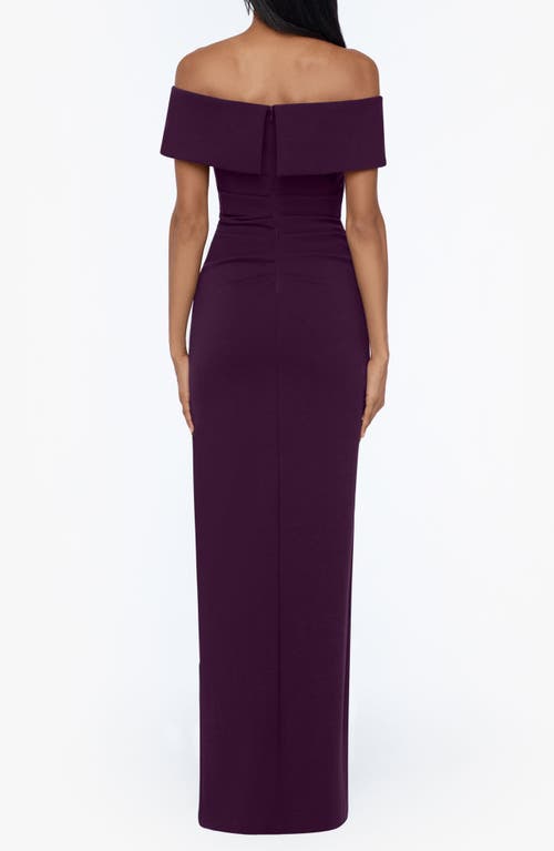 Xscape Evenings Ruched Off The Shoulder Crepe Gown In Mulberry