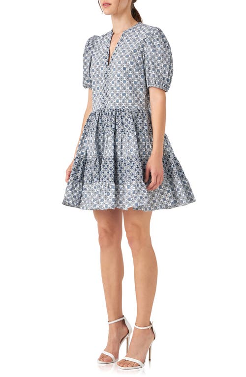 Shop English Factory Tile Print Tiered Cotton Dress In White/blue