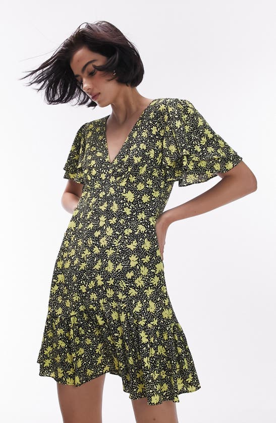 Shop Topshop Angel Sleeve Floral Minidress In Yellow