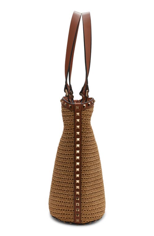 Shop Valentino Garavani Rockstud Raffia Tote In Yhn Naturale/almond Beige