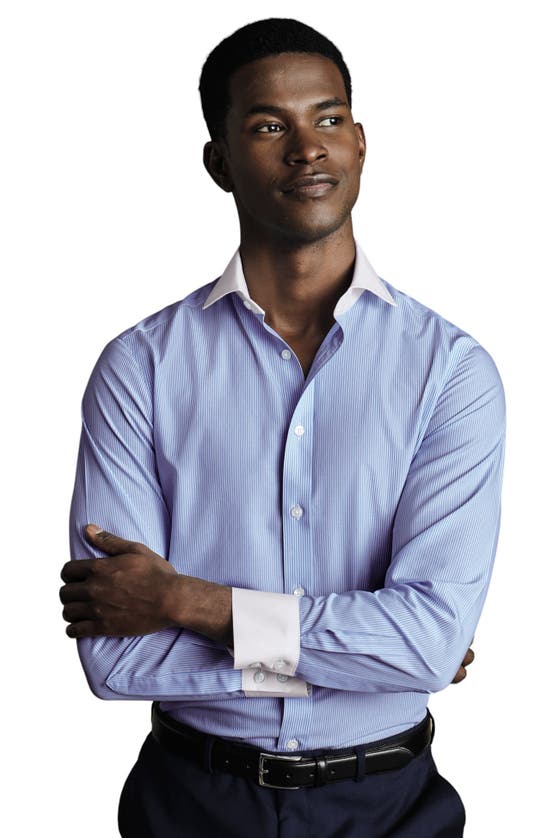 Shop Charles Tyrwhitt Winchester Bengal Stripe Non-iron Poplin Slim Fit Shirt Single Cuff In Sky Blue