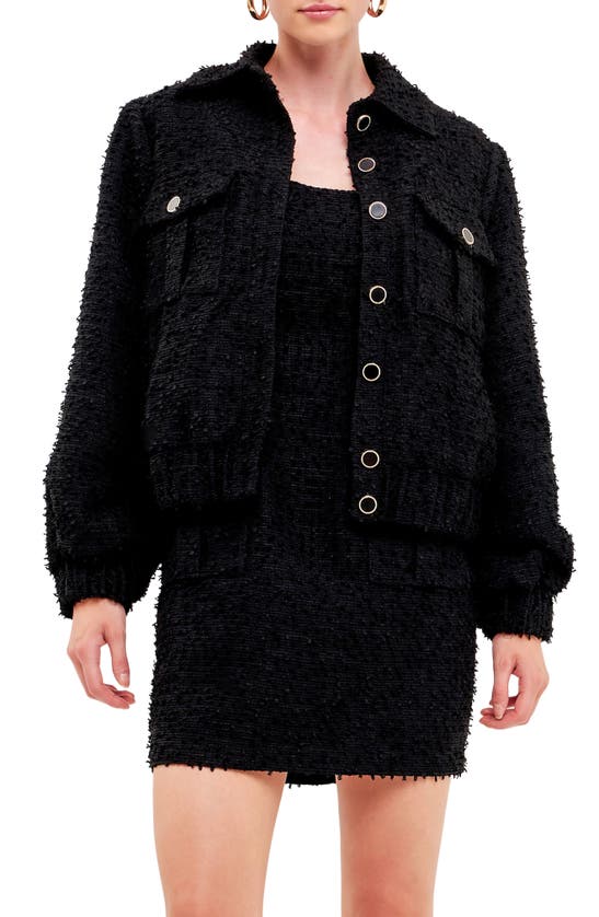 Endless Rose Double Pocket Tweed Jacket In Black