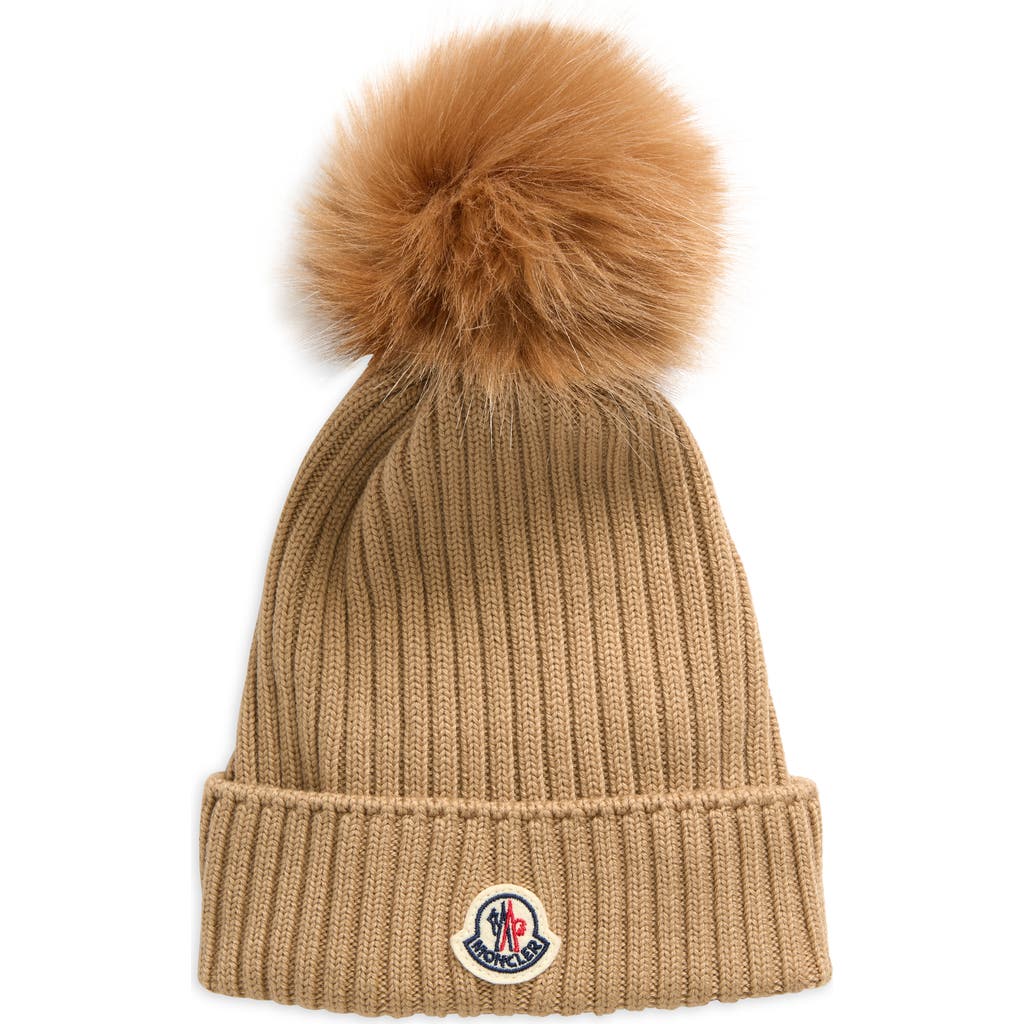 Moncler Kids' Merino Wool Rib Beanie With Faux Fur Pompom In Beige