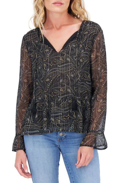 Lucky Brand Tiny Daisy Thermal Henley Top In Black Multi