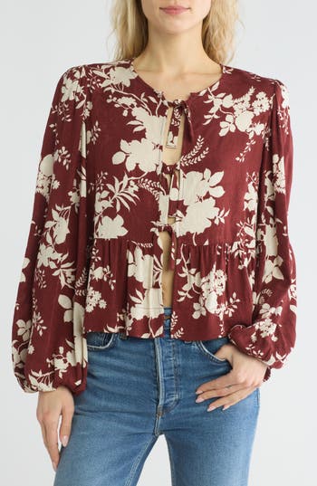 Shop Renee C Floral Long Sleeve Tie Front Crop Top In Burgundy