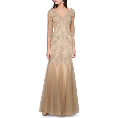 Marsoni Godet Lace & Chiffon Trumpet Gown, 8 (similar to 18W) - Beige