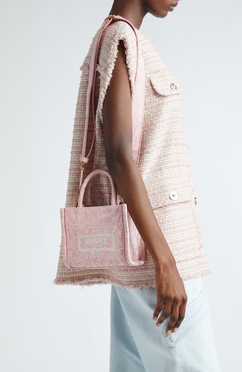 Shop Versace Extrasmall Barocco Embroidered Logo Jacquard Tote In Pale Pink-english Rose