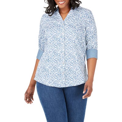 Plus Size Foxcroft Mary Winding Vines Print Shirt, Blue