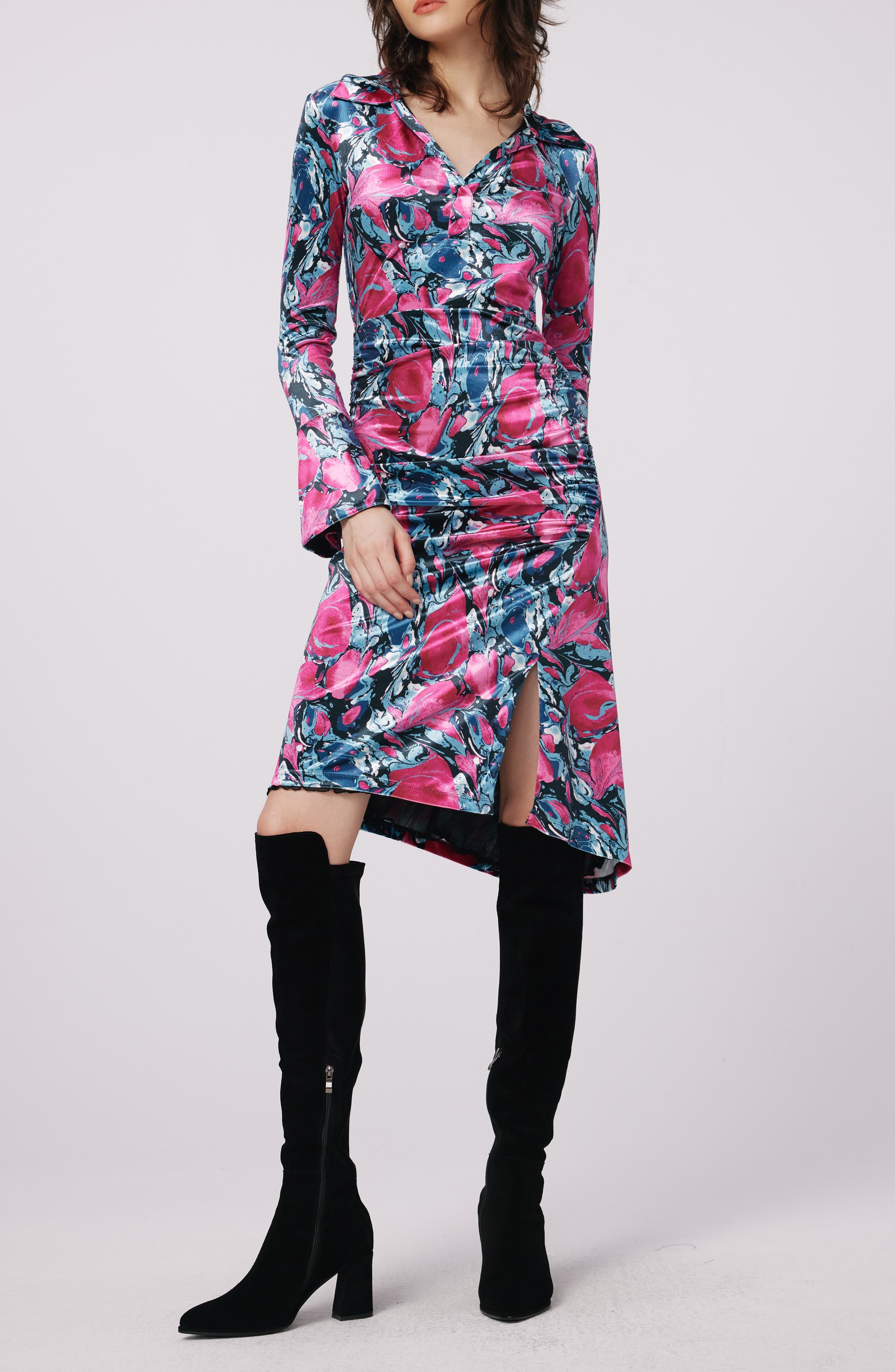 DVF Zane Floral Print Long Sleeve Shirtdress in Misfit Marble Indian Pink 