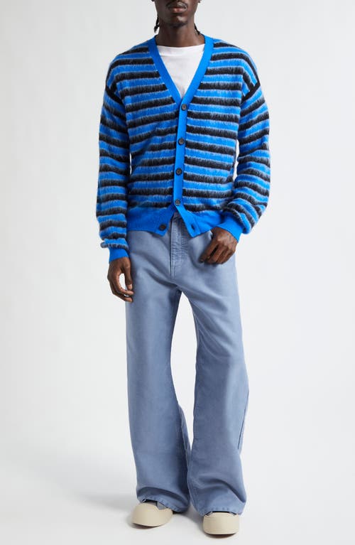 Shop Marni Stripe V-neck Mohair & Wool Blend Cardigan In Bright/blue