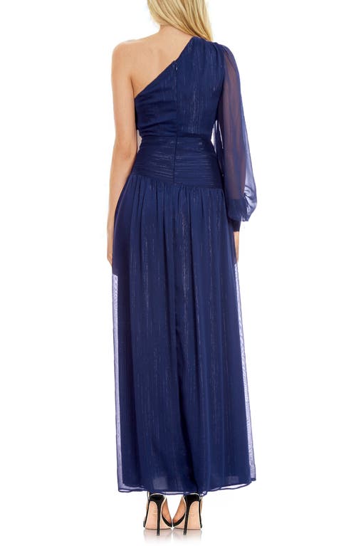 Jewel Badgley Mischka Metallic Thread One-shoulder Gown In Navy