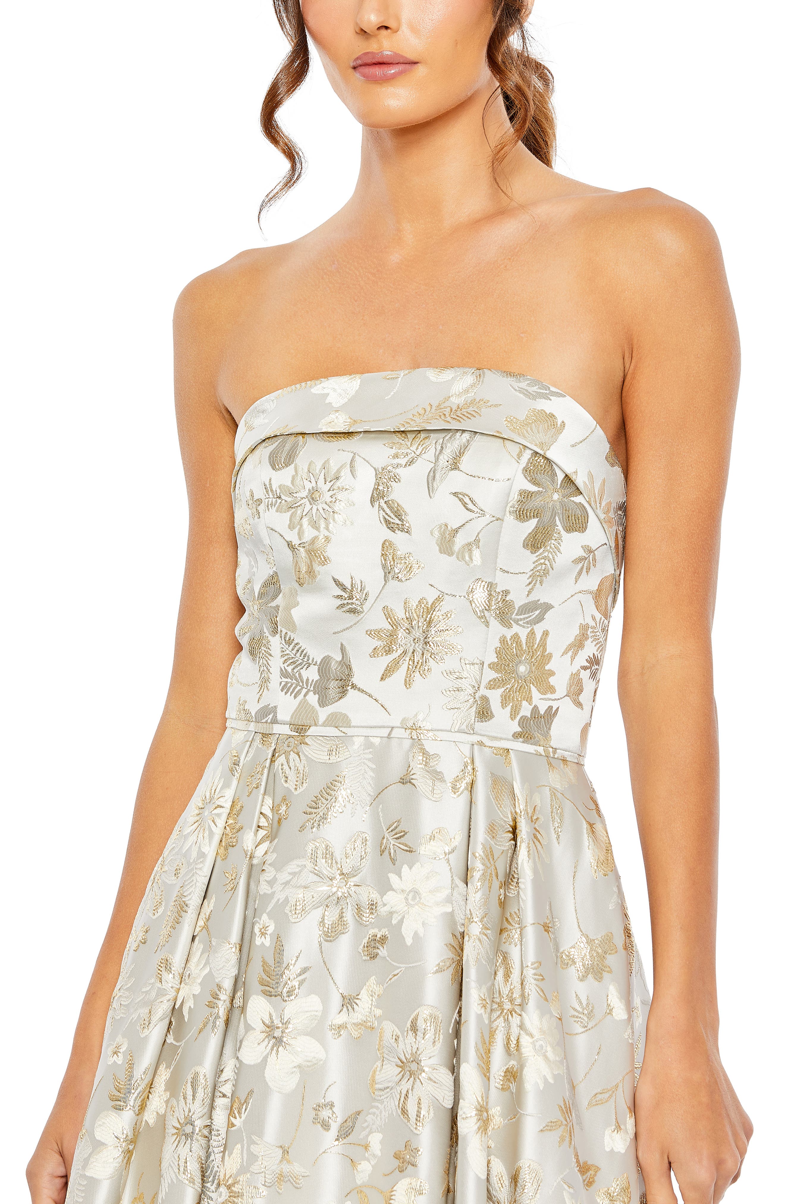 Ieena for Mac Duggal Embroidered Strapless High-Low Evening Gown in White  Gold | Smart Closet