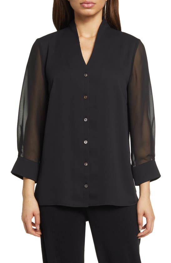 Misook Women's Semi-sheer Buttoned Crepe-de-chine Blouse In Black