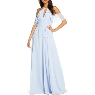 Marchesa Notte Cold Shoulder Chiffon Bridesmaid Gown, Blue