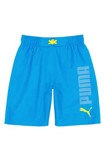 Shop Puma Kids' Logo Power Swim Trunks In Blue/white