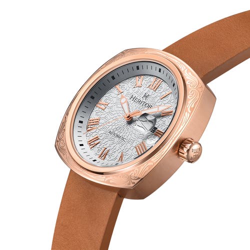 Heritor Automatic Davenport Engraved-case Leather-band Watch W/ Date In Rose Gold/light Brown