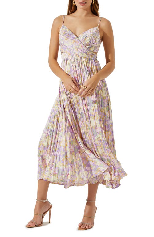 ASTR the Label Floral Plissé Crossover Cutout Midi Dress in Lilac Yellow Floral