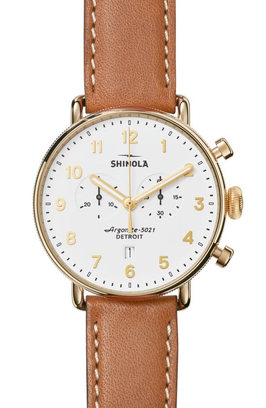 Shinola The Canfield Chrono Leather Strap Watch, 43mm In Tan/ White/ Gold