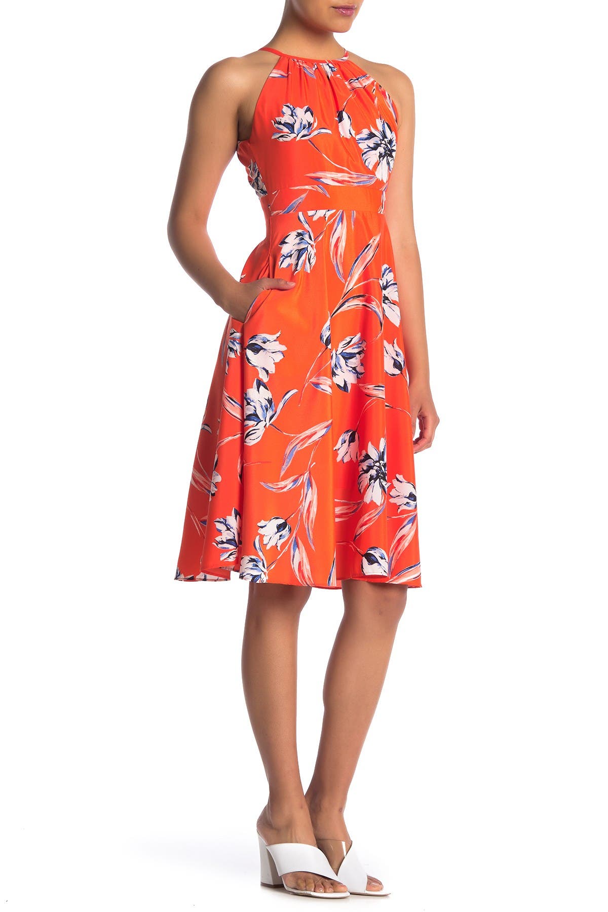 eliza j floral ruffle midi dress