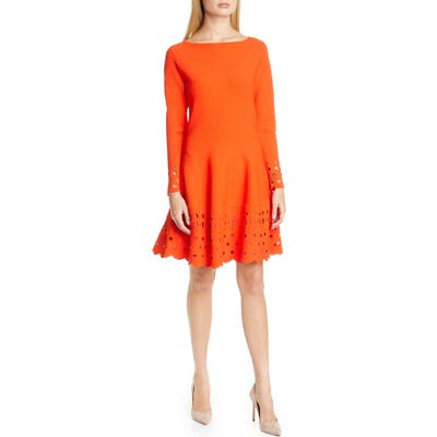 Lela Rose Lattice Trim Long Sleeve Fit & Flare Sweater Dress, Red