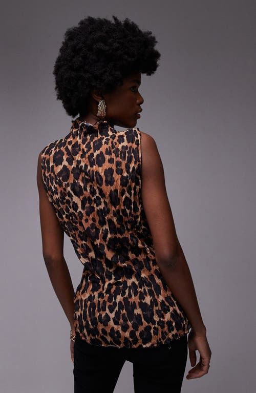 Topshop Sheer Crinkle Leopard Print Tank Top In Brown In Brown