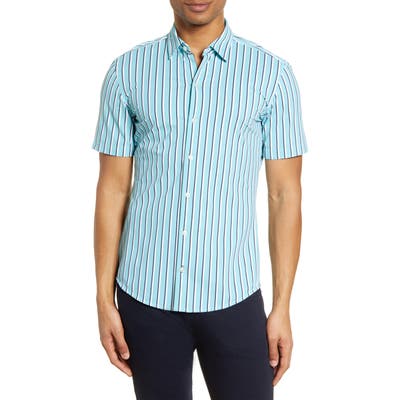 Boss Robb Slim Fit Stripe Short Sleeve Button-Up Performance Shirt, Blue
