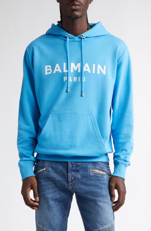 Shop Balmain Organic Cotton Logo Graphic Hoodie In Sme Sky Blue/white