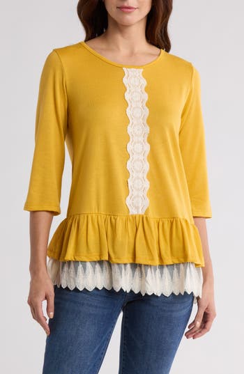 FORGOTTEN GRACE FORGOTTEN GRACE LACE TRIM LONG SLEEVE PEPLUM TOP