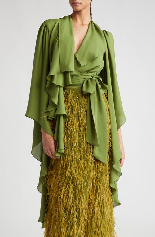 Drapy Crop Wrap Silk Blouse in Green