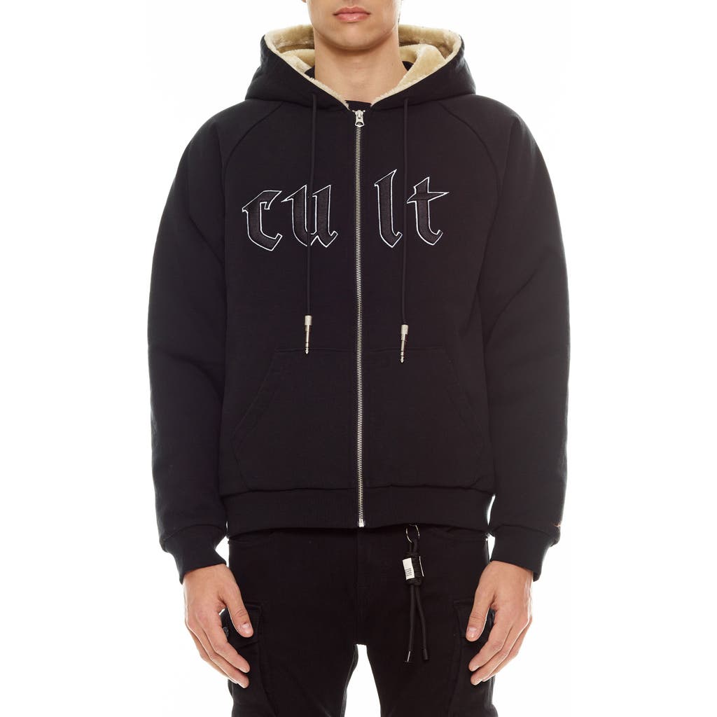 Cult Of Individuality Embroidered Cotton Graphic Zip-up Hoodie In Black